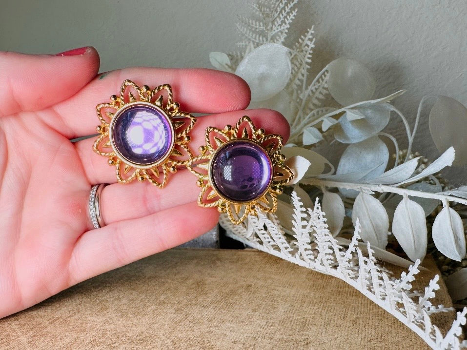 Purple Trifari Jelly Belly Sun Earrings, Rare Moonglow Violet Domed Glass Earrings