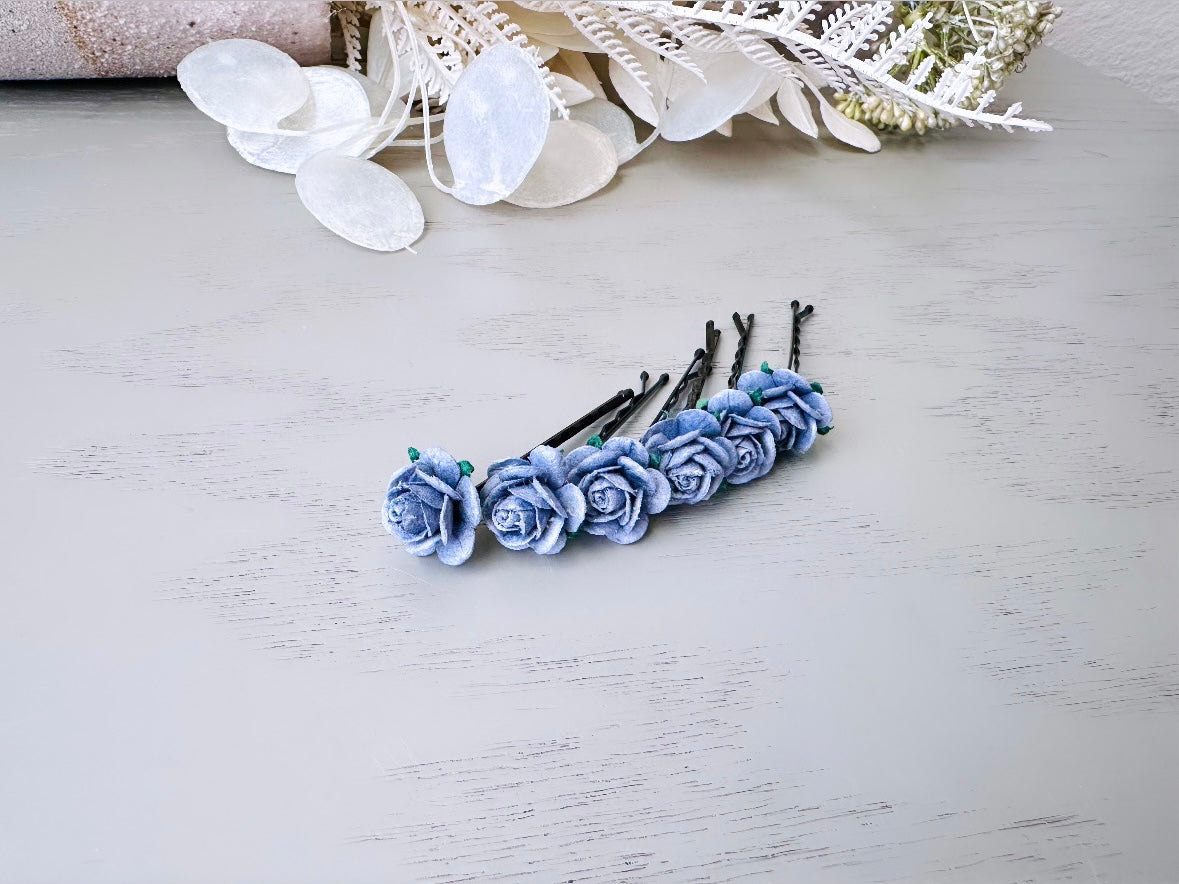 Dark Grey Rose Hair Pin Set, 6 Handmade Paper Flower Bobby Pins in Beautiful Deep Gray, Timeless Bridal Hair Accessories for Floral Wedding MPR6