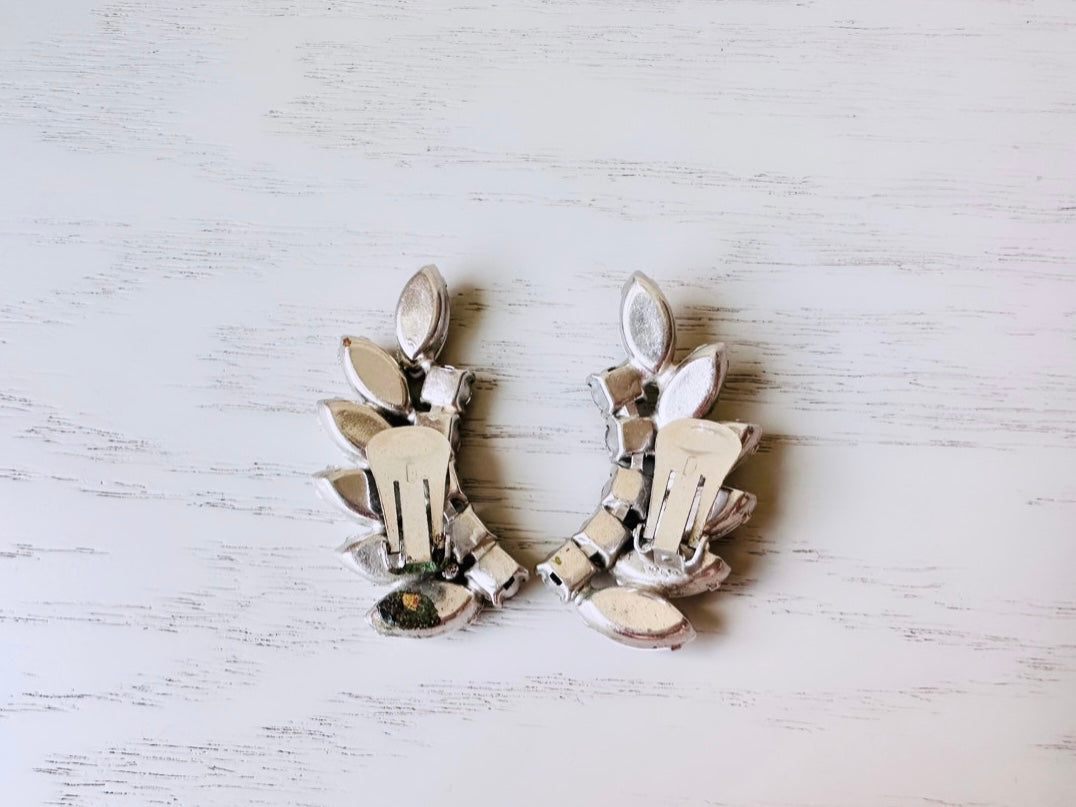 Vintage Milk Glass Earrings, 1960s Dramatic Rhinestone Clip-on Earring, Prong Set Vintage Crawler Earrings, Stunning Elegant Bridal Earrings