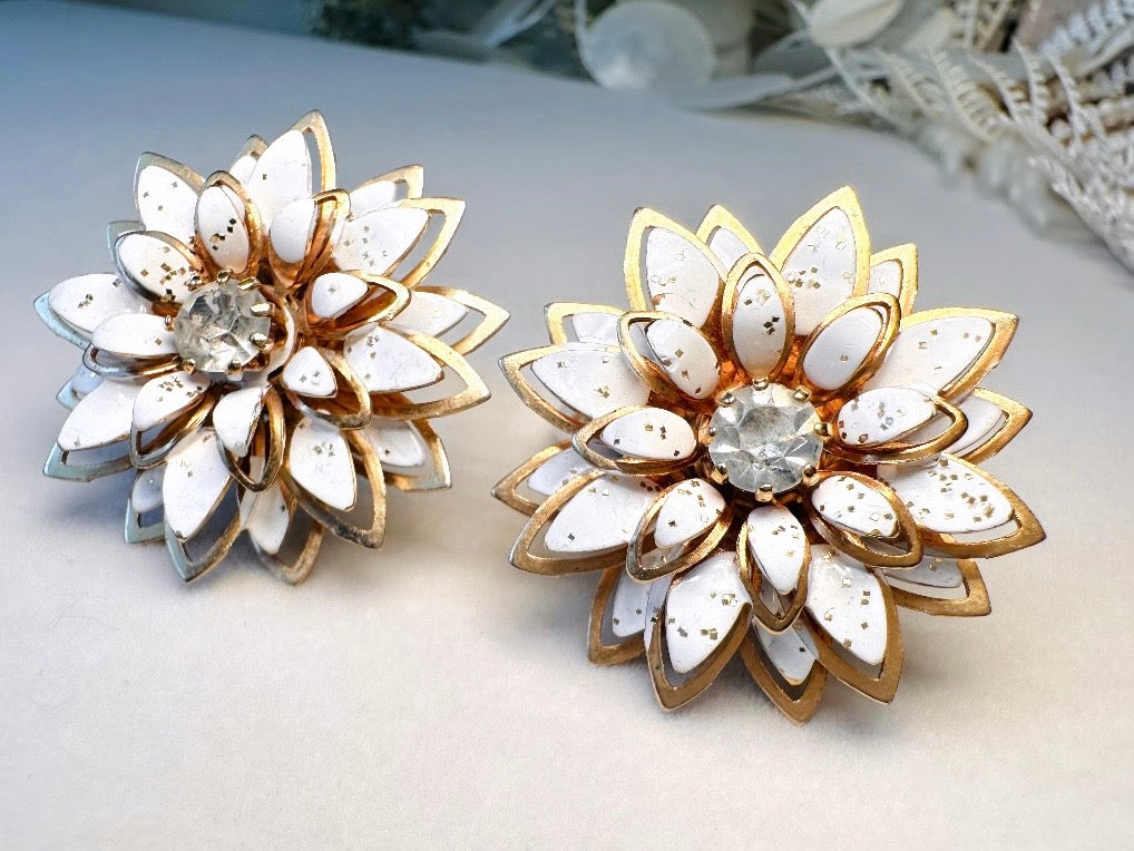 Vintage White Earrings, Floral White and Gold Clip On Earrings, Gorgeous Vintage 1960s Flower Earrings with Silver Glitter Rhinestone