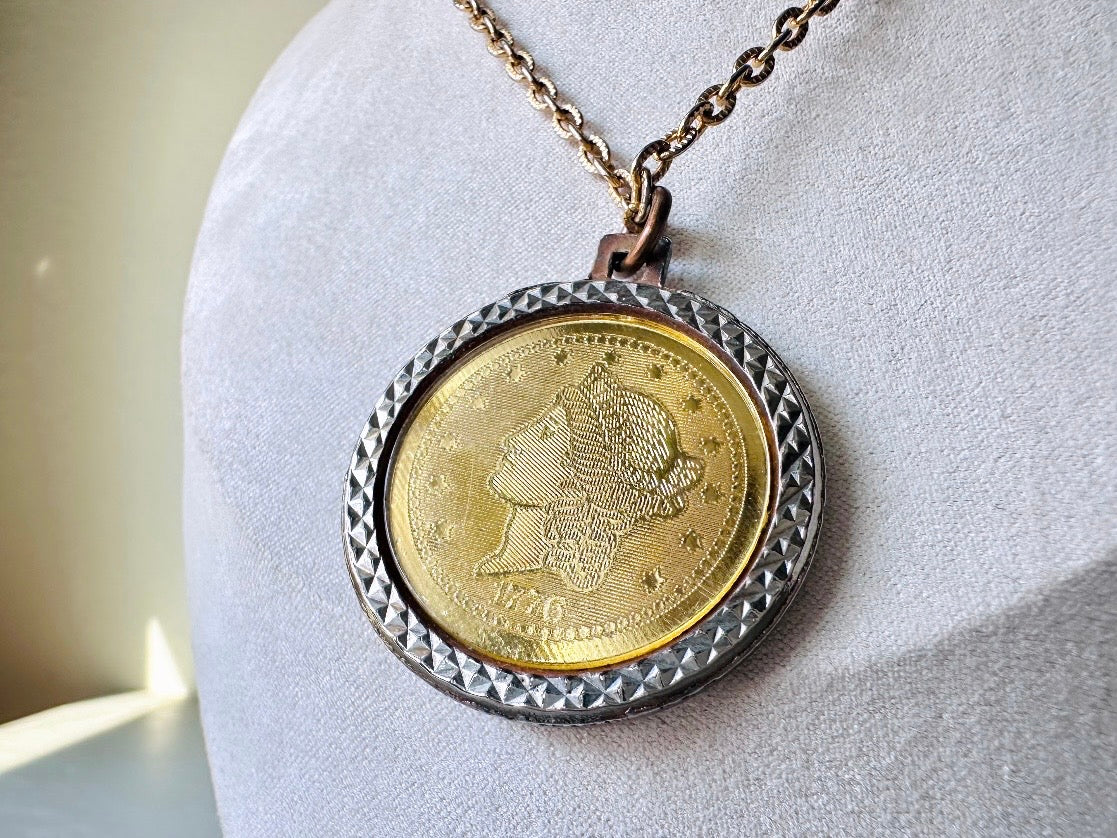 Vintage Pisces Zodiac Necklace, Star Sign Astrology Necklace, Unique Birthday Gift, Long Gold Pendant Double Sided Aqua & 1776 Coin Pendant