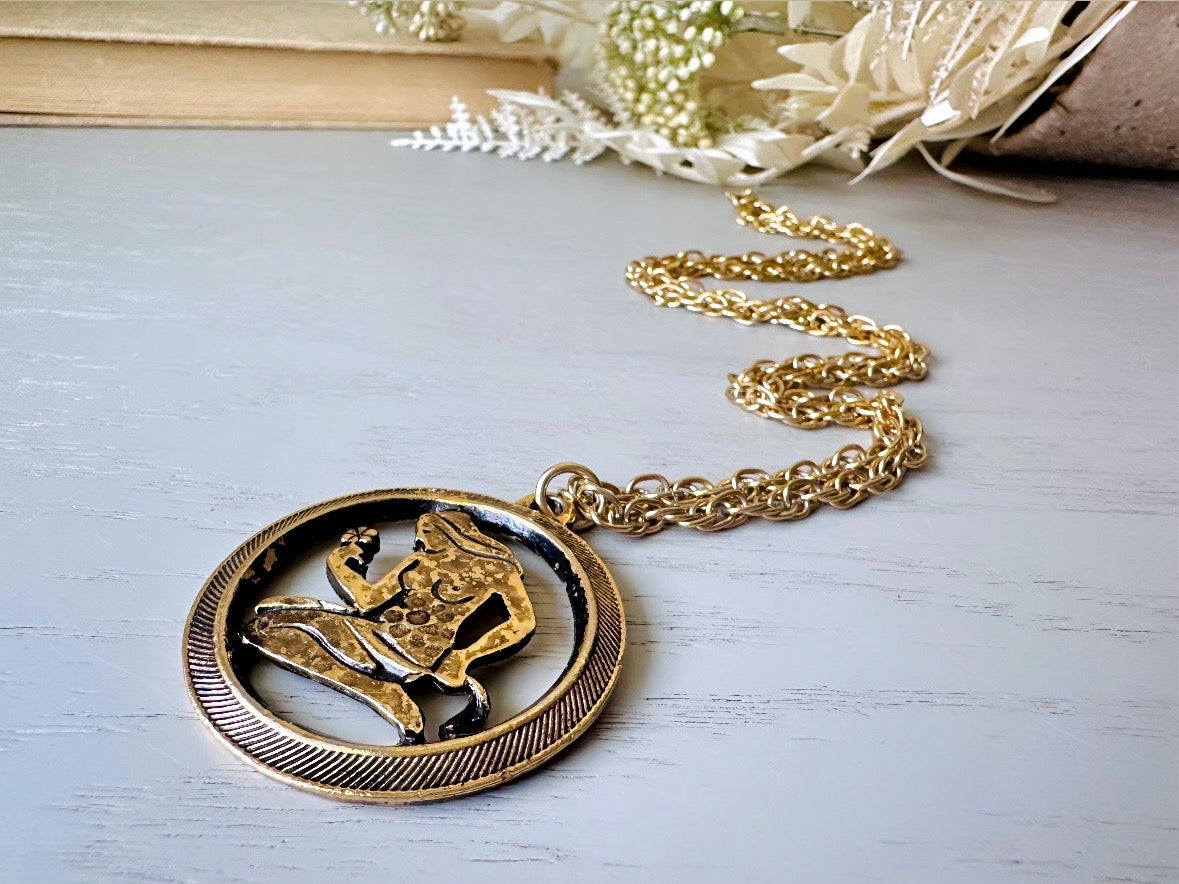 Vintage Virgo Zodiac Necklace, Star Sign Astrology Necklace, Unique Birthday Necklace, Long Gold Pendant Necklace Vintage Astrology Chain