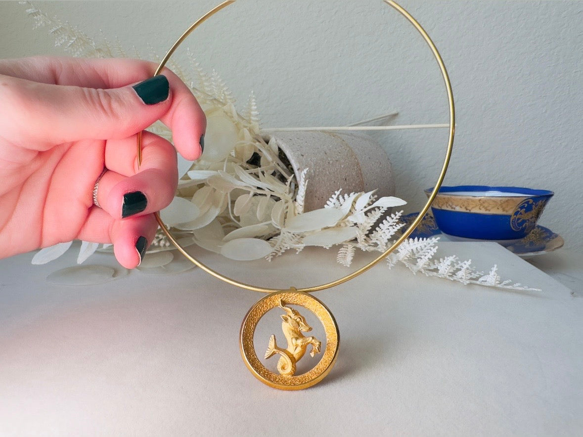Capricorn Zodiac Necklace, Rare Signed Crown Trifari Designer Matte Gold Hoop Choker Astrology Necklace