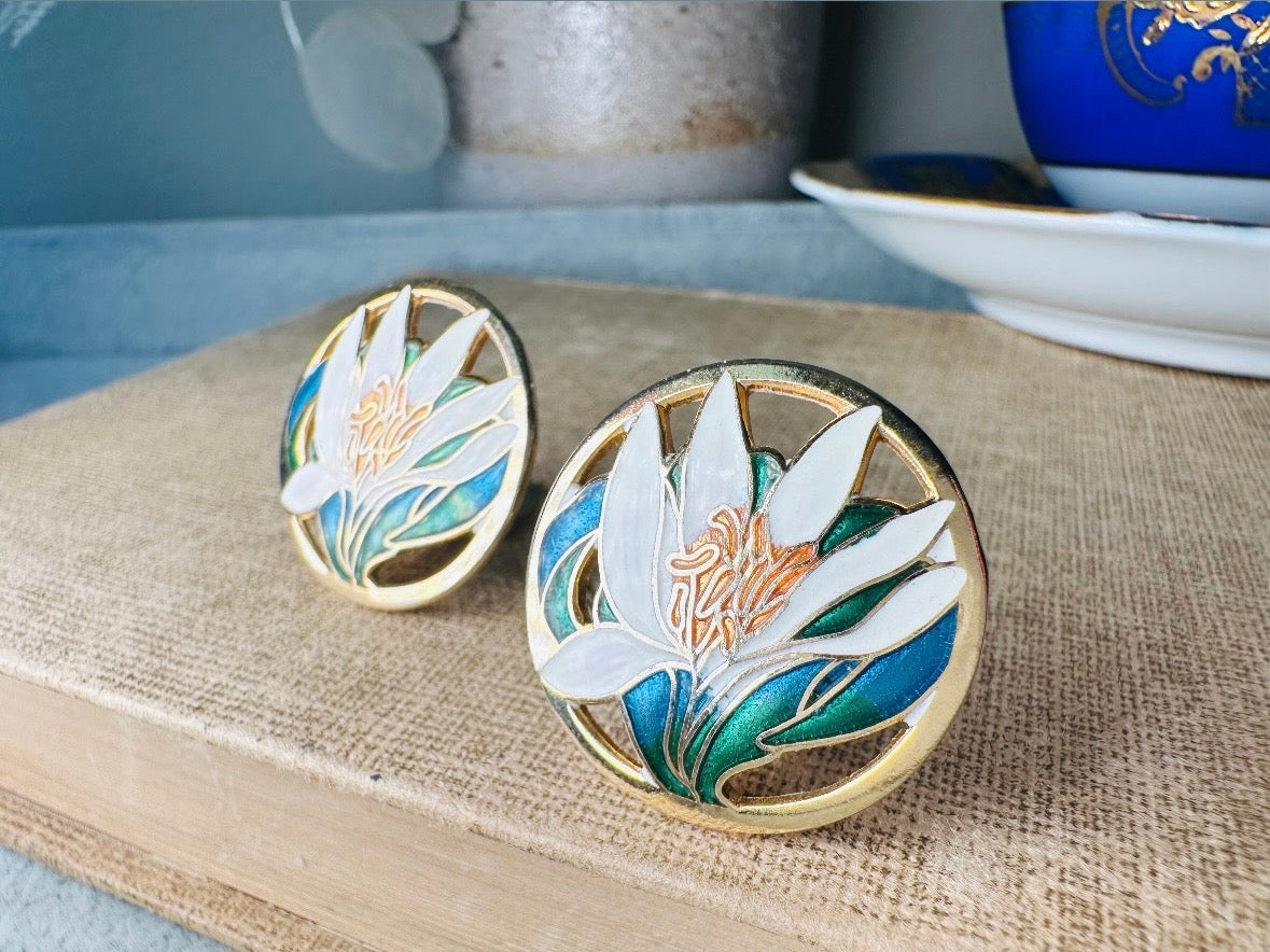 White Lily Clip On Earrings, Unique Enamel Cut Out Earrings, Gorgeous Vintage Lily Earrings in Gold, Green and Blue Cloisonné Earrings