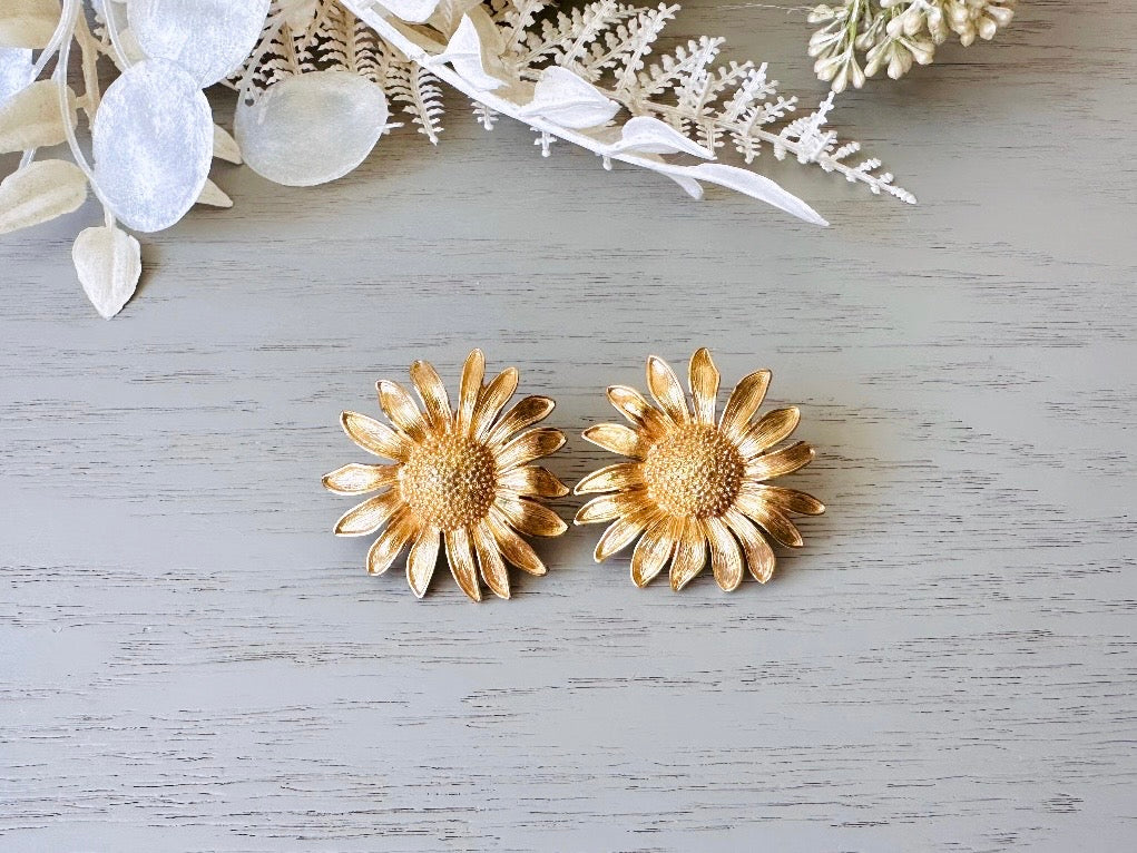 Vintage Monet Sunflower Earrings, Big Gold Sunflower Earrings, Vintage 60s Pierced Monet Earrings, 1960s Large Gold Flower Earrings