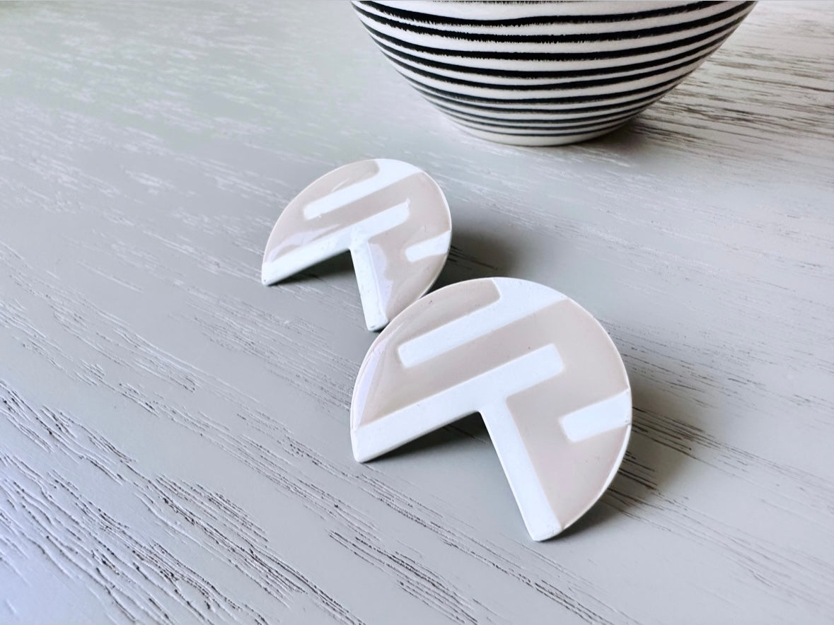 Taupe and White Earrings, Oversized Geometric Enamel Earrings, Fun 1980's Vintage Earrings, Interesting Shape Neutral Earrings