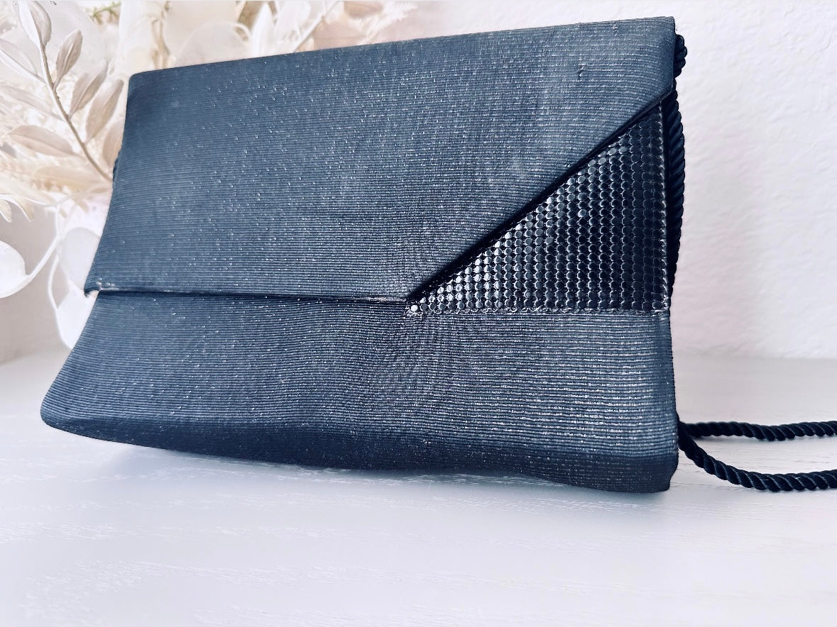 Black Vintage Clutch, Incredible 1980s Vintage Whiting and Davis Handbag with Black Mesh Triangle Detailing, Vintage Shoulder Bag with Gold