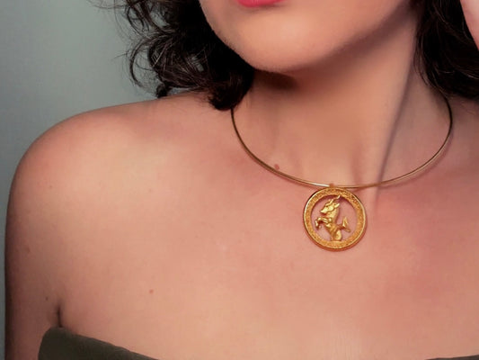 Capricorn Zodiac Necklace, Rare Signed Crown Trifari Designer Matte Gold Hoop Choker Astrology Necklace