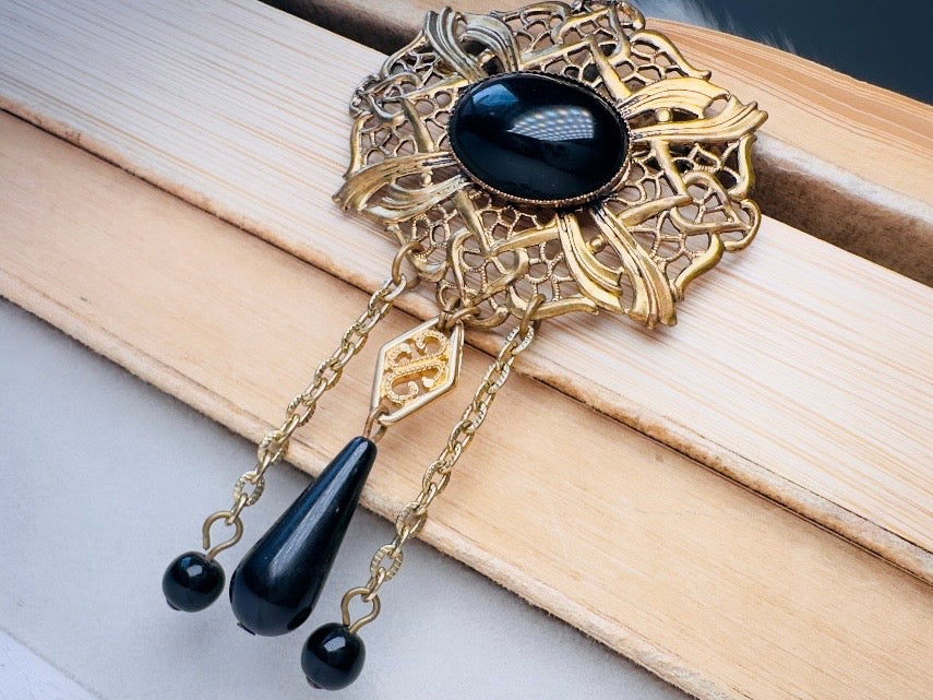 Black Victorian Brooch, Antique Filigree Pin with Black Cameo & Chain Tassels  Romantic Victorian Revival Jewelry
