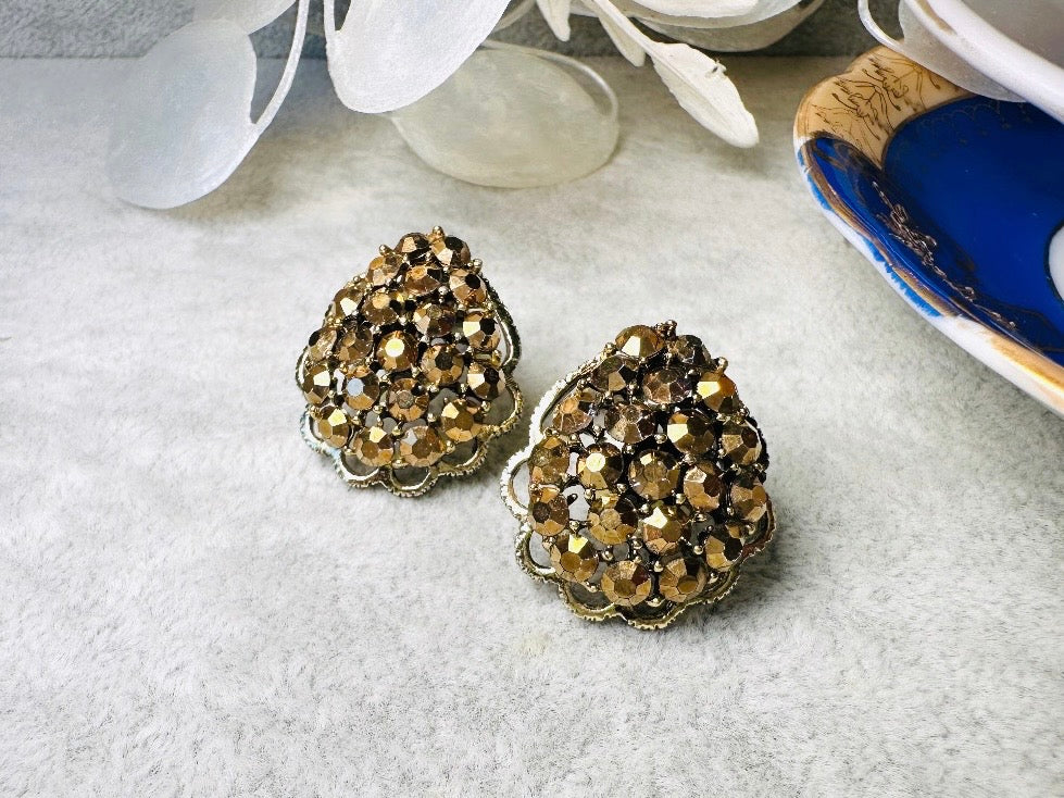 Bronzed Gold 1960's Sparkling Earrings, 60s Signed Designer Weiss Vintage Teardrop Clip On Gorgeous Antique Gold Rhinestone  Earrings