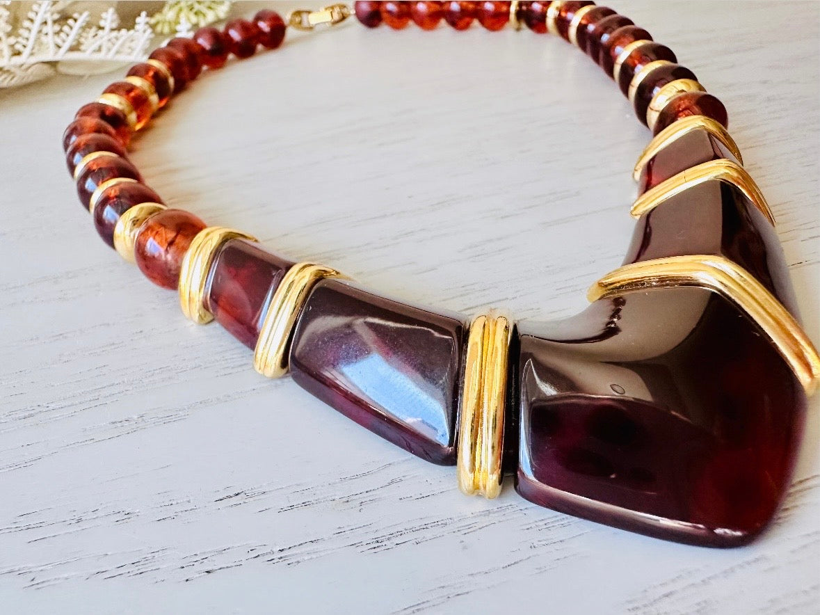 Vintage Tortoiseshell Necklace, Geometric Faux Amber Napier Necklace with Gold Accents, 1980 Signed High Fashion Runway 80s Designer Jewelry