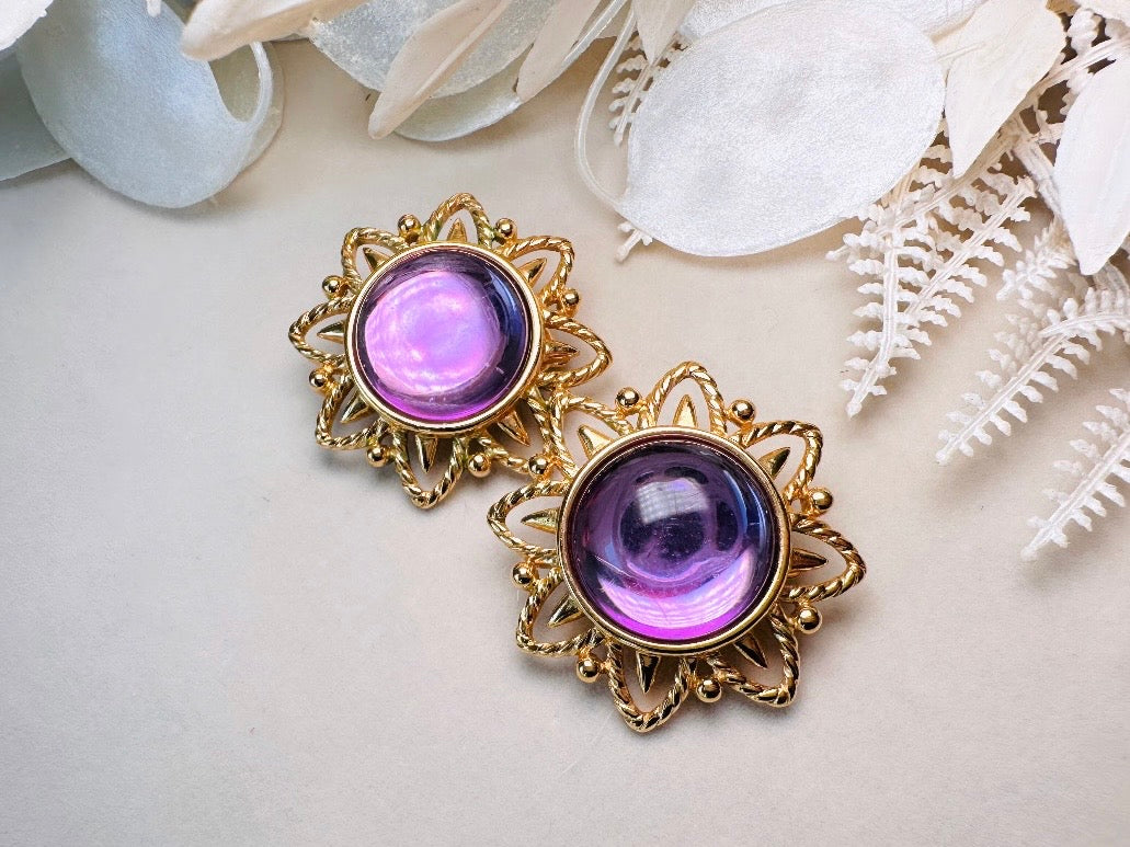 Purple Trifari Jelly Belly Sun Earrings, Rare Moonglow Violet Domed Glass Earrings