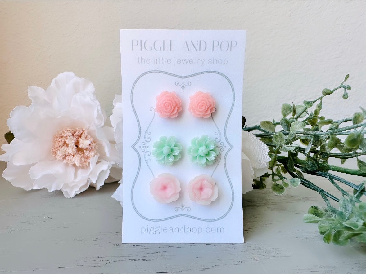 Flower Earrings Gift Set, Pink and Mint Spring Floral Earring Stud Set, Surgical Steel Earring, Mint Daisy Earring, Pink Rose Stud Earrings