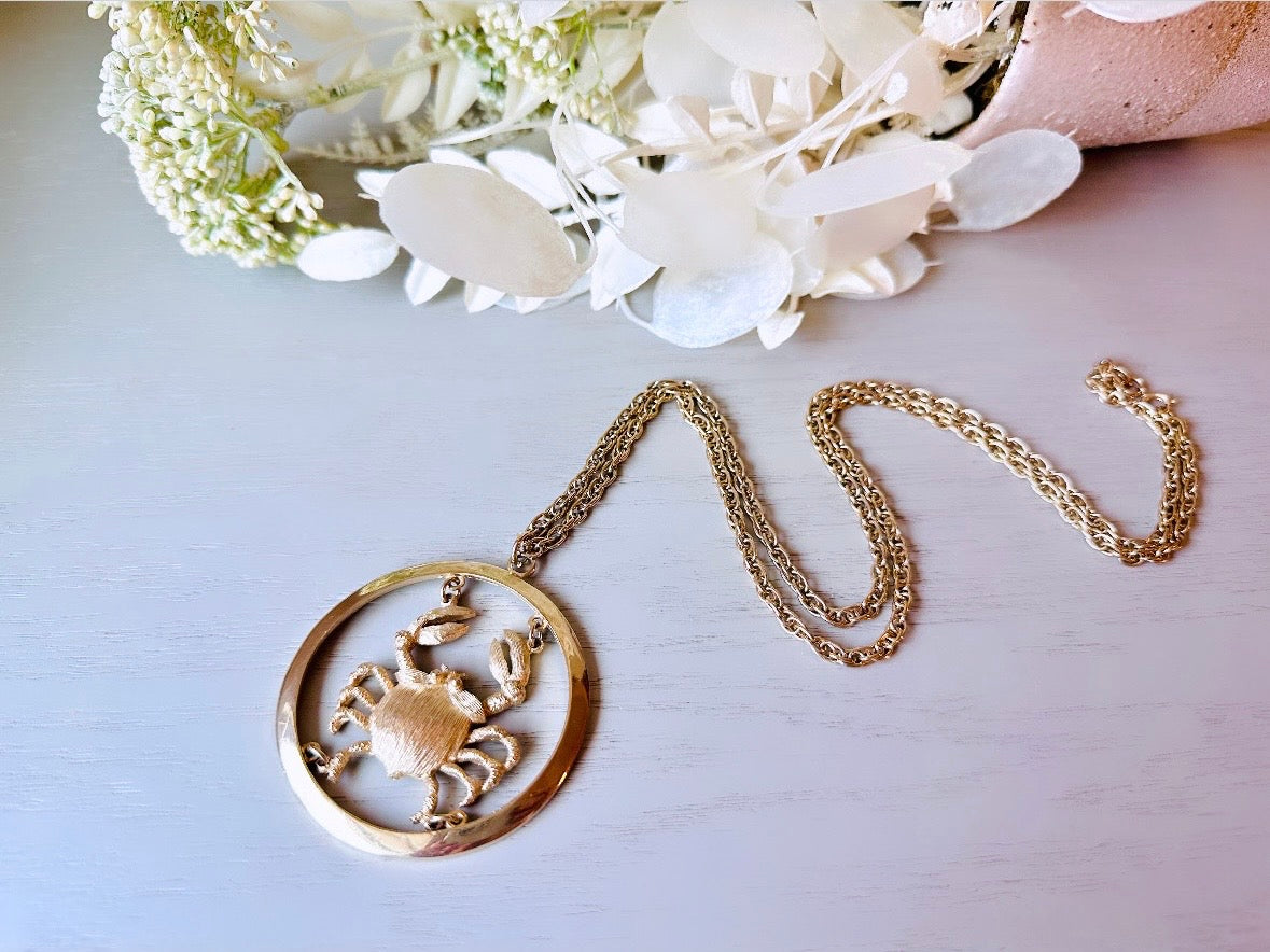 Vintage Cancer Zodiac Necklace, Star Sign Astrology Necklace, Unique Birthday Necklace, 30" Long Gold Pendant Necklace Vintage Astrology