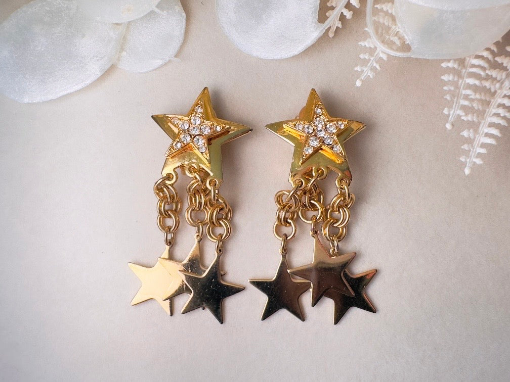Vintage Star Earrings, Gold Star Pave Rhinestone Chain Tassel Clip Ons