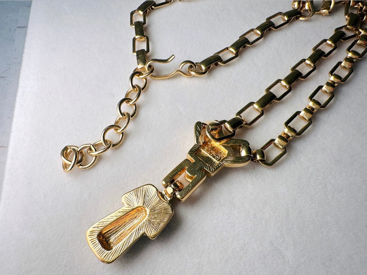 Vintage Y Necklace, Monet Necklace in Cream and Gold, Bold 1970s Vintage Geometric Chain Y Drop Necklace,