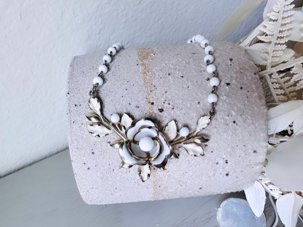 1950s White Flower Vintage Coro Necklace, Cream Enamel White Beads Gold Tone Floral Necklace 15" Flower Choker, Whimsical Bridal Necklace