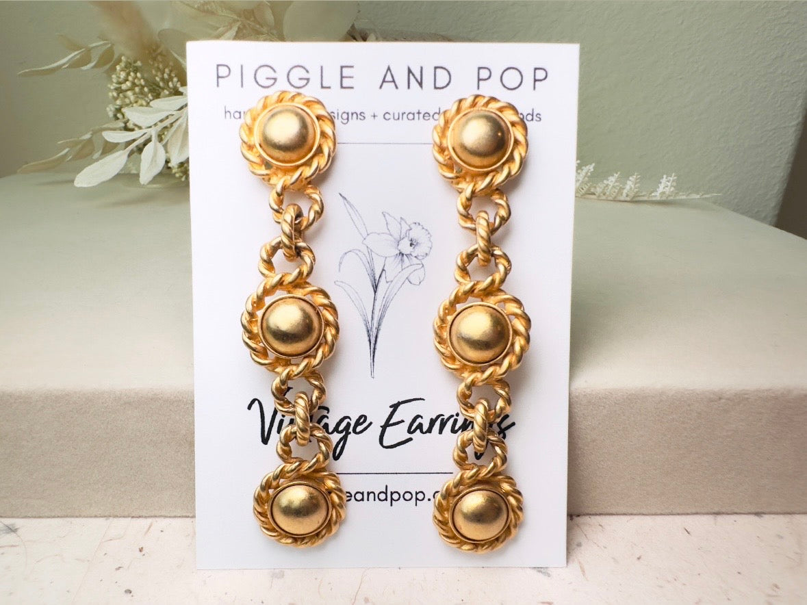 Matte Gold Drop Chain Earrings, Erwin Pearl Vintage Clip On Earrings, 1980s Dramatic Gold Earrings, Triple Link Chain Rope Border Earrings