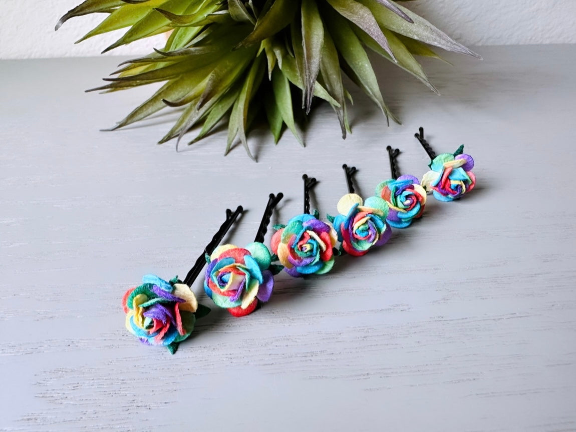 Rainbow Hair Pins, Colorful Rainbow Swirl  Bobby Pins, Lovely lgbtqia Wedding Flower Hair Pins, Cute Whimsical Paper Hair Flowers MPR6