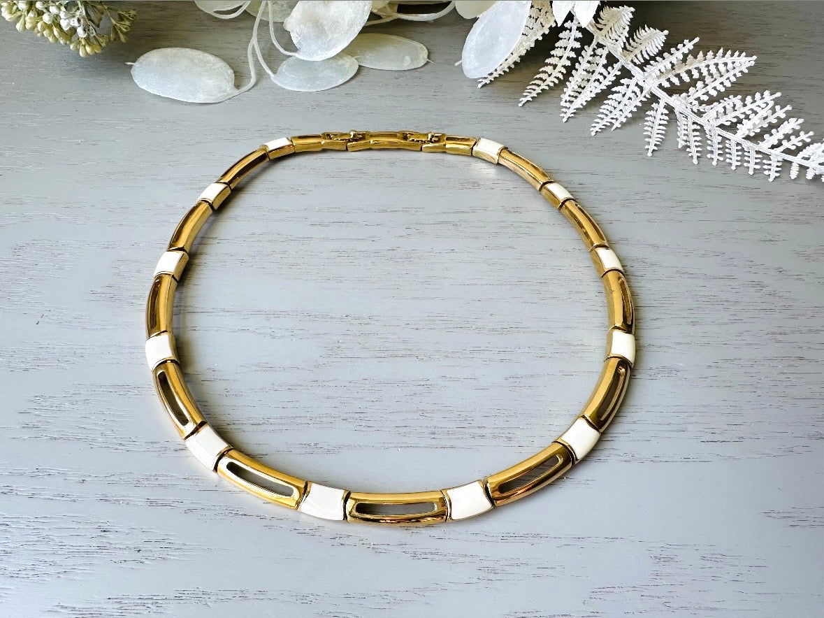 Vintage Monet Necklace in Cream and Gold, 1970s Vintage Designer Jewelry, Geometric Gold Bar Panel Link Choker Necklace, Adjustable Length