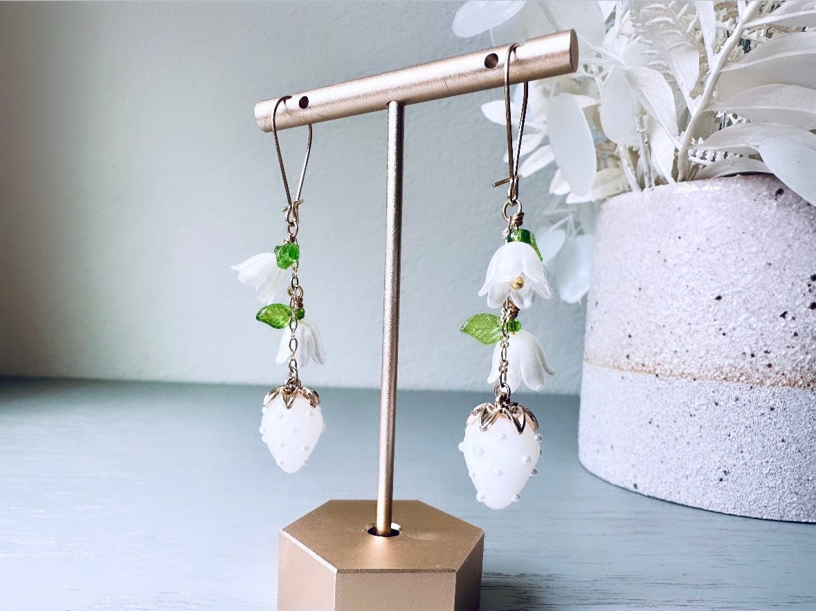 White Strawberry Earrings, Original Handmade 24k Gold + Murano Glass Earring, Pearl Strawberry + Dainty Bell Flower Glass Dangle Earrings by Piggle and Pop