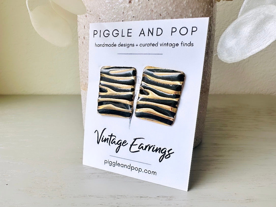 Zebra Print Earrings, Black and Gold Vintage 1980's Stud Earrings, Rectangle Animal Print Earrings, 80s Funky Large Pierced Post Earrings