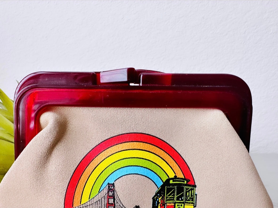 San Francisco Rainbow Clutch Purse, Cute 1970s Vintage Coin Purse, Tan w Lucite Handles, Vintage California Souvenier Shop, Friendship Pride