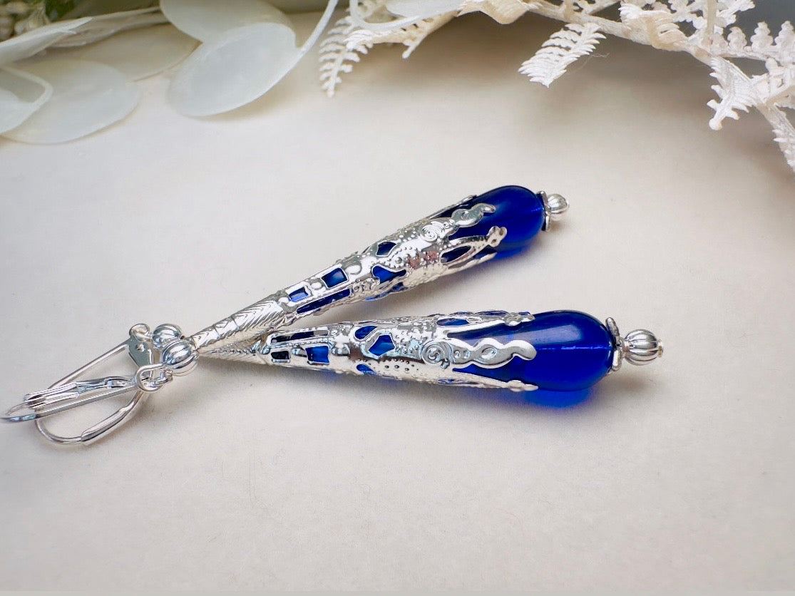 Blue Teardrop Earrings, Long Handmade Cobalt Blue Czech Glass Beaded Drop Earrings with Victorian Silver Filigree Cones