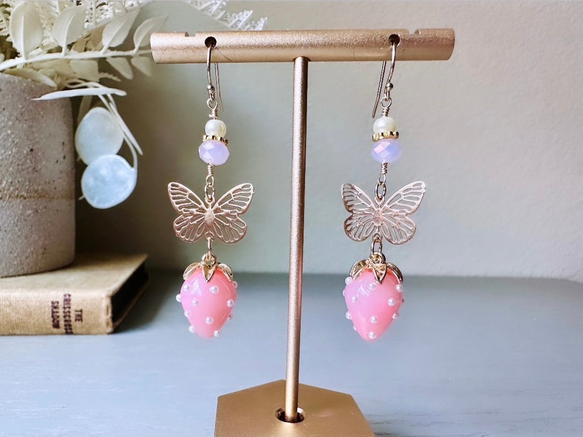 Pink Strawberry Earrings, Original Handmade 24k Gold Filigree Butterfly, Pearl and Crystal  Glass Dangle Earrings, Pretty Whimsical Earrings