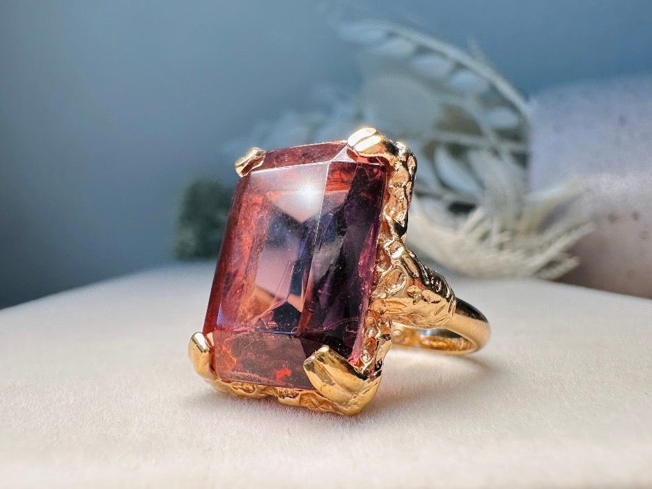 Vintage Cocktail Ring, 1973 Twilight Faux Amethyst Emerald Cut Ring