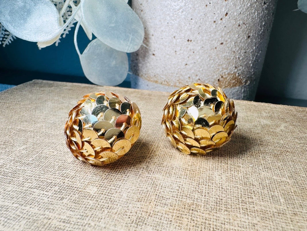 Gold Sequin Earrings, 1970s Party Earrings, Pierced Post Earrings, Big Gold Dome Earrings Covered in Sequins, Authentic Disco Earrings