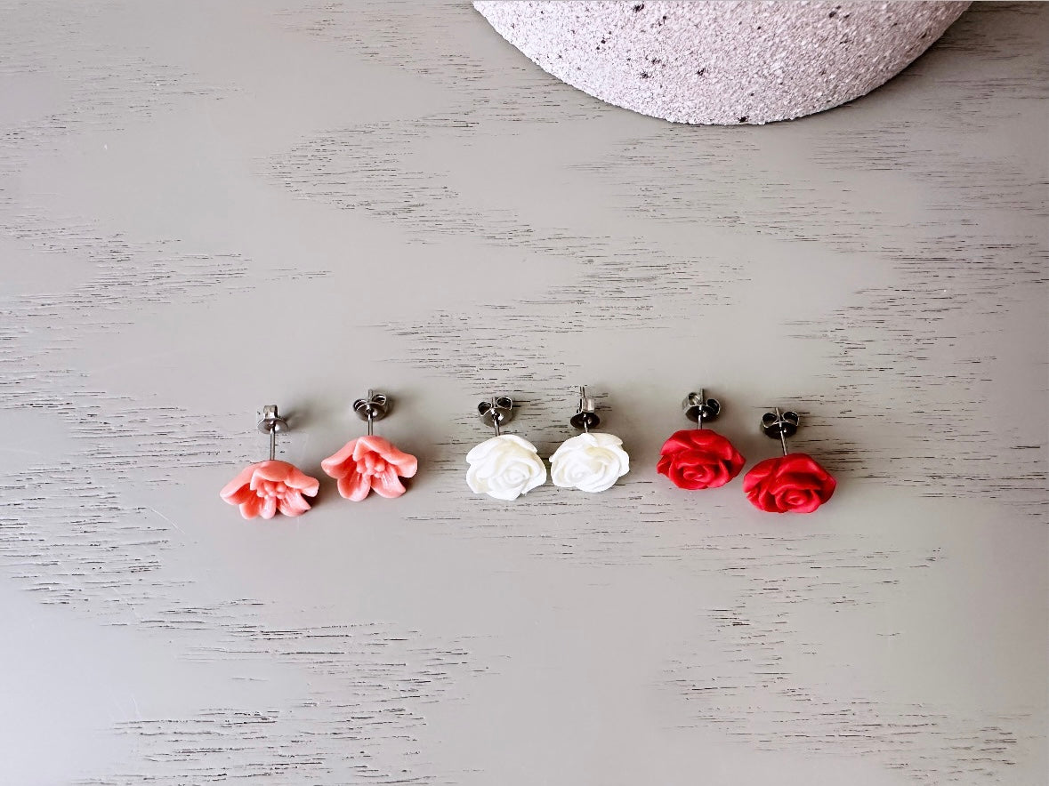 Pretty Flower Earring Set, Pink Stud Earrings, Pretty Flower Post Earrings in Rose Pink, White and Deep Burgundy Red, Earring Gift Set FSE3