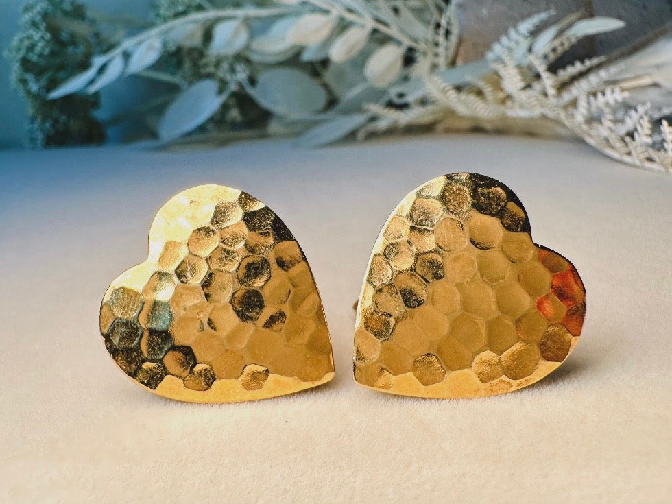 Gold Heart Earrings, Textured Hammered Gold Heart Shaped Clip on Earrings