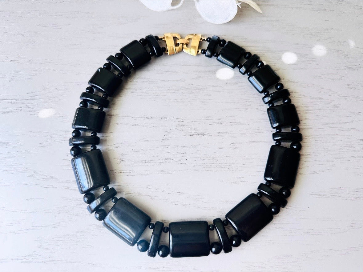 Vintage Black Monet Necklace, Runway Couture Jet Black Lucite Beaded Necklace w Stunning Gold Clasp, Rare Signed Designer Vintage Necklace