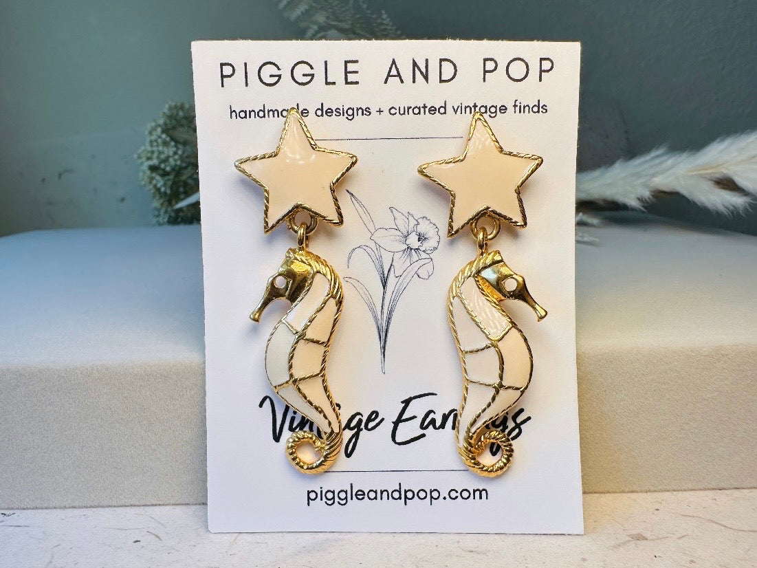 Trifari Seahorse Earrings, Vintage Gold Plated Cream Enamel Seahorses and Stars, Vintage Pierced Dangle Stud Earrings, Designer Vintage