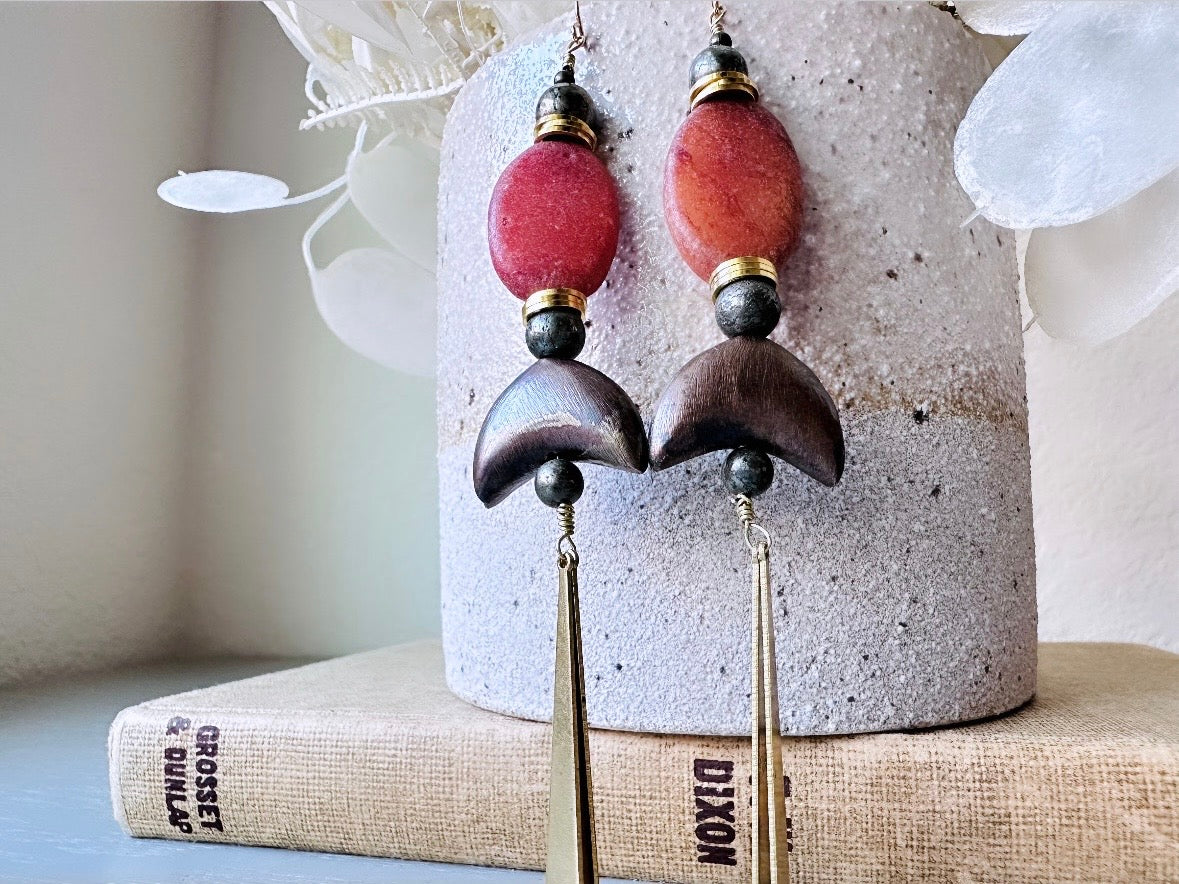 Handmade Stone Earrings, Extra Long Earthy Boho Duster Earrings, Unique Red Stone & Pyrite Orbs with Moon and Brass Dagger Charms