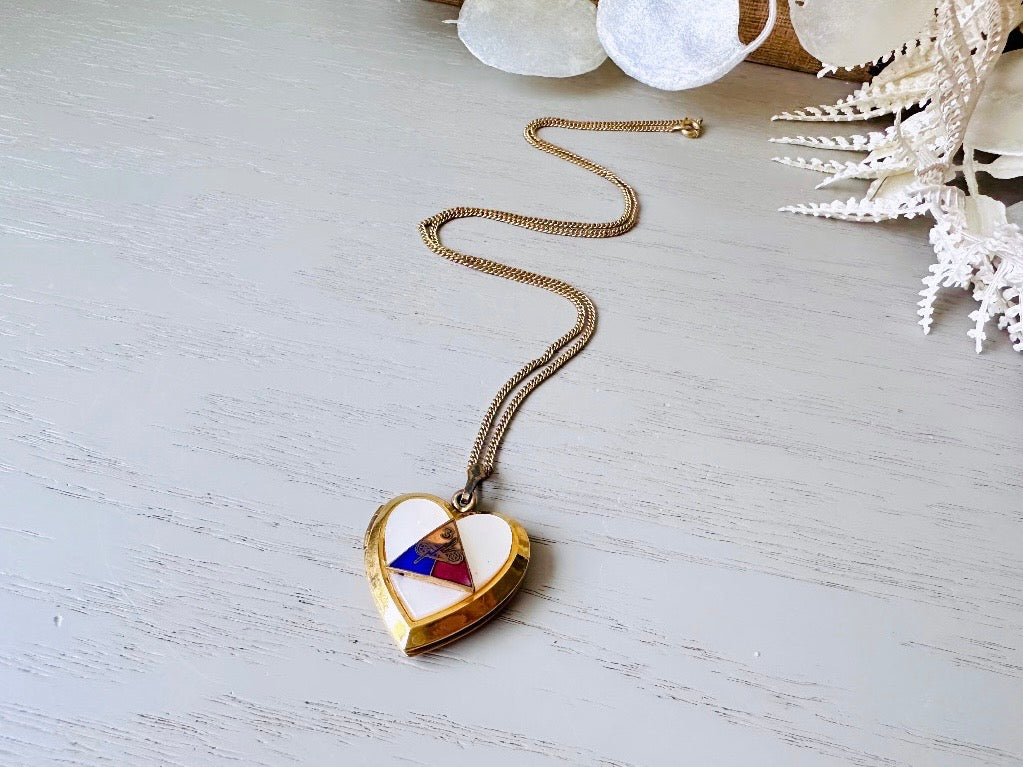 Vintage 18” Locket Necklace, Gold Toned Heart Locket With Mother of Pearl Enameled US Military Triangle And MOP