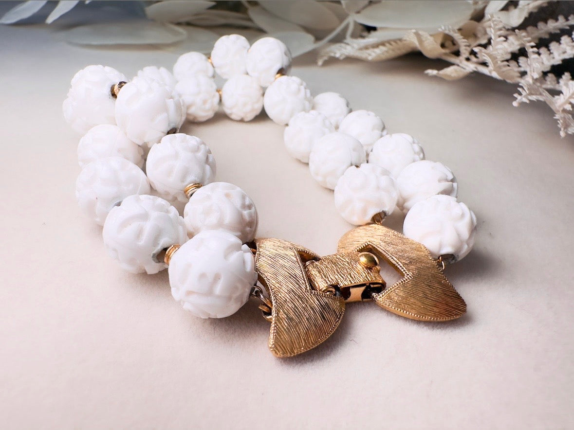 White Monet Bracelet, 1960s Carved Rose White Acrylic Beaded Double Strand Floral Bracelet