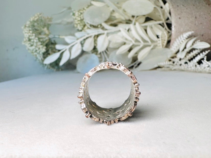 Silver Filigree Ring, Antique Silver Lace Ring with Hearts + Cut Outs, Vintage Statement Ring, Thick Band Costume Cocktail Ring, Size 6