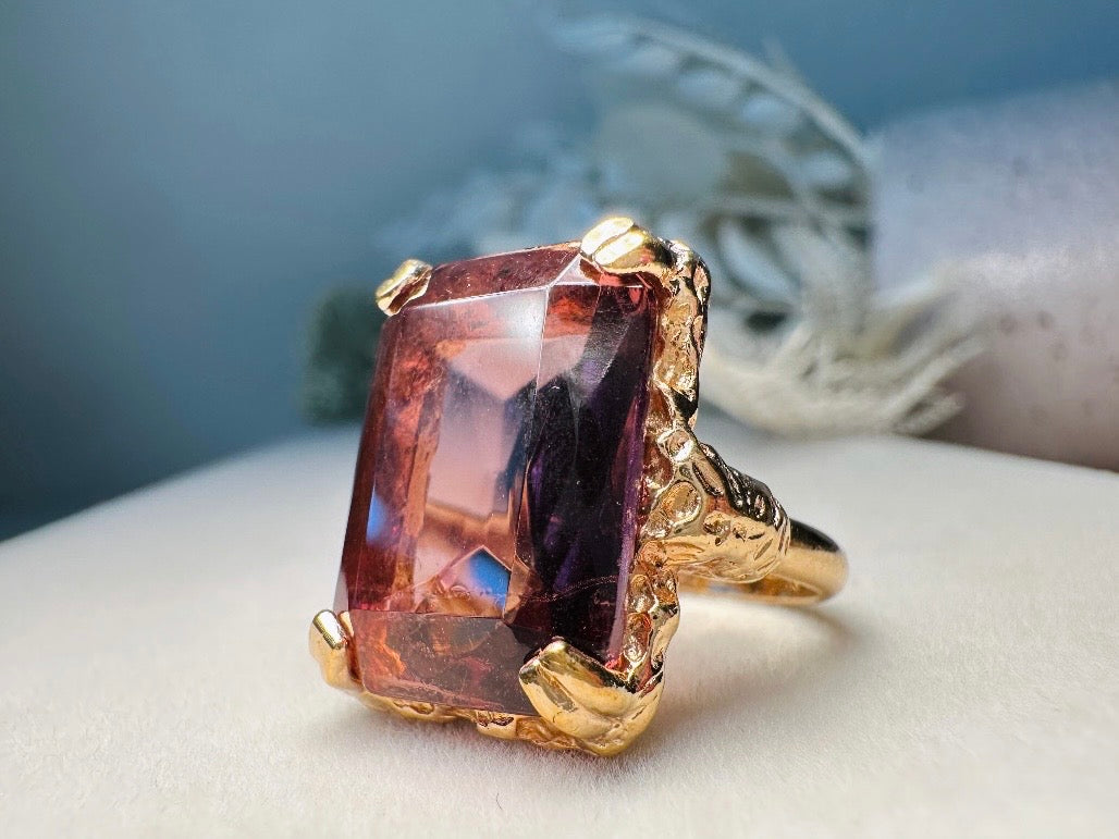 Vintage Cocktail Ring, 1973 Twilight Faux Amethyst Emerald Cut Ring