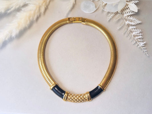 Vintage Omega Necklace, Black and Gold Monet Designer Vintage Necklace with Pave Rhinestones and Black Enamel