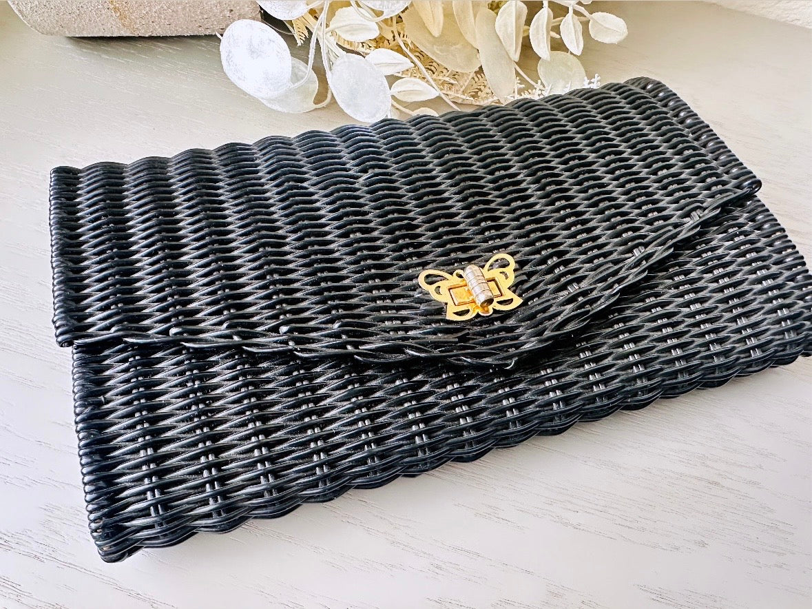 Black Vintage Purse with Gold Butterfly Lock, Incredible 1970s Wicker Woven Vintage Handbag, True Authentic 70s Vintage Envelope Clutch Bag