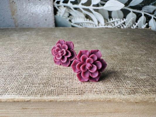 Wine Flower Earrings, Matte Succulent Earrings, 13mm Hypoallergenic Post Earrings, Boho Floral For Everyday Wear Earrings