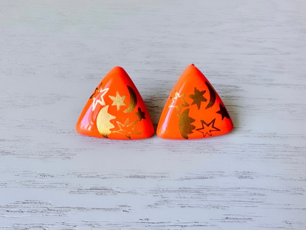 1970s Orange Triangle Earrings with Gold Stars and Moons, Oversized Acrylic Pierced Earrings, Fun Retro 70s Vintage Earrings, Big Triangles