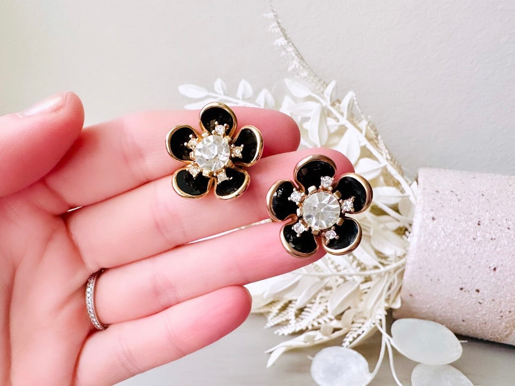 Vintage Black Rhinestone discount Flower Earrings