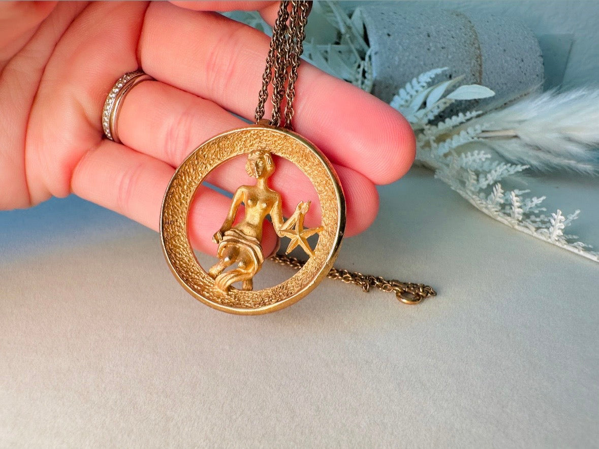 RARE Vintage Virgo Zodiac Necklace, Signed Trifari Star Sign Astrology Necklace September Birthday Gift Necklace, Long Gold Pendant Necklace