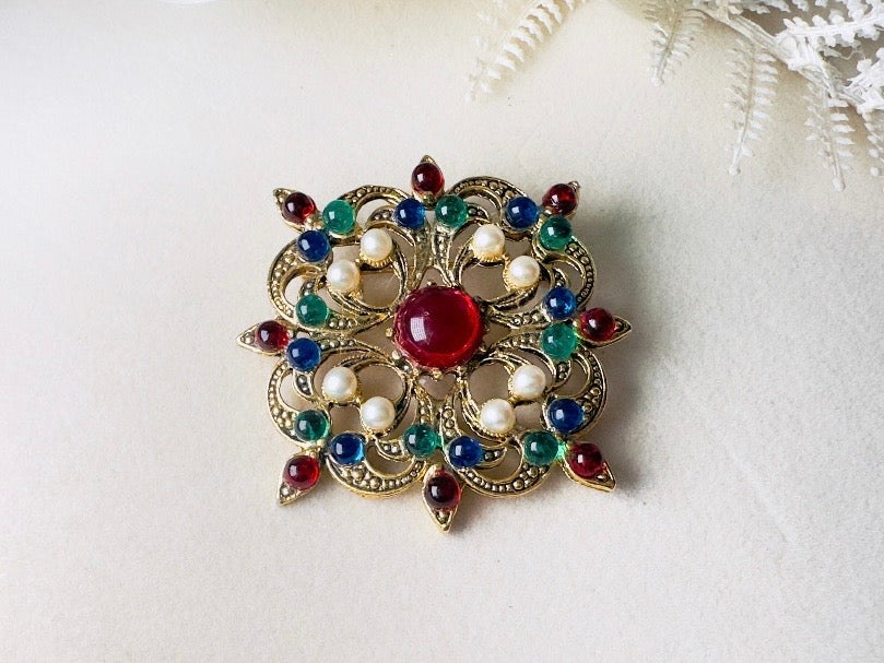 Vintage Maltese Cross Brooch Pin, Ornate Byzantine Jewel Tone Glass Cabochons, Faux Pearls & Intricate Gold Tone Openwork Filigree
