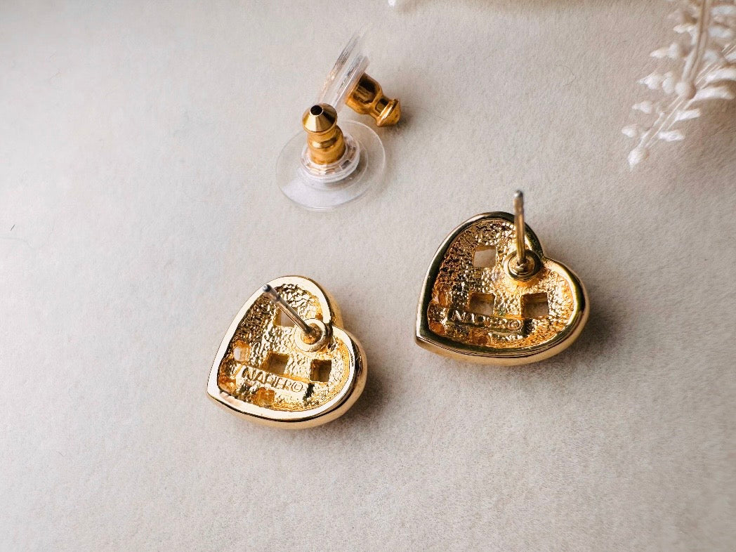 Napier Heart Earrings, Woven Gold Pave Crystal Designer Vintage Earrings