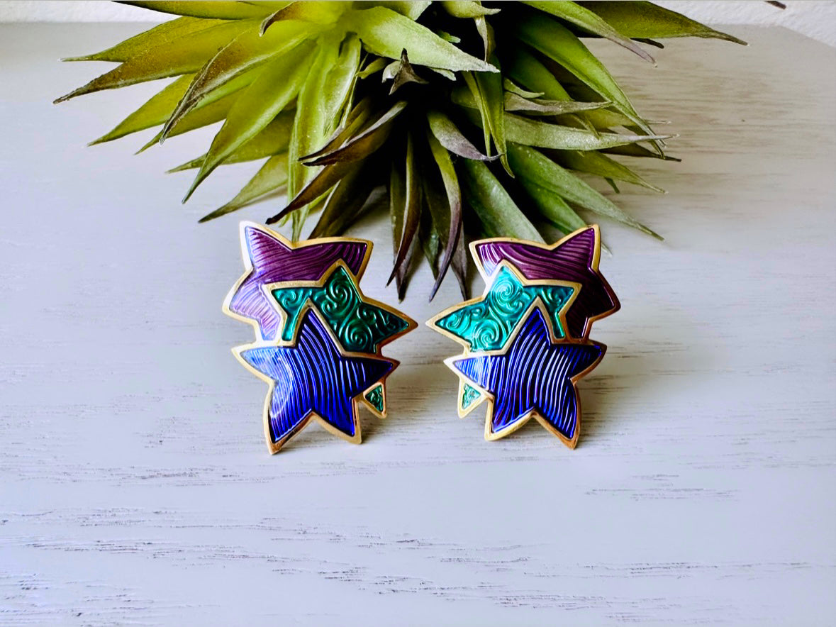 80s Berebi Star Vintage Earrings, Purple Green and Blue Clip-On Statement Earrings, 1980s Jem & the Holograms Oversized Vintage Star Earring