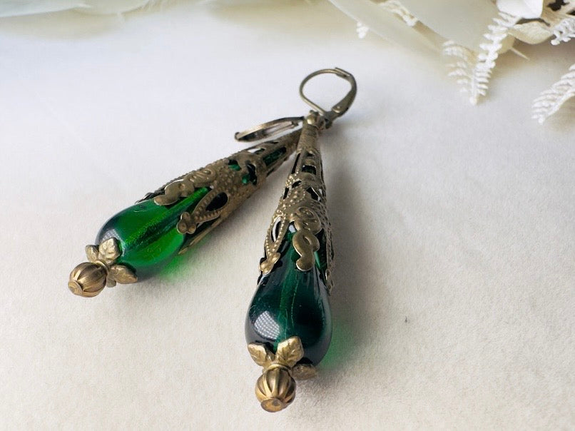 Green Teardrop Earrings, Handmade Renaissance Jewelry with Victorian Filigree, Romantic Gothic Long Beaded Crystal Dangle Earrings